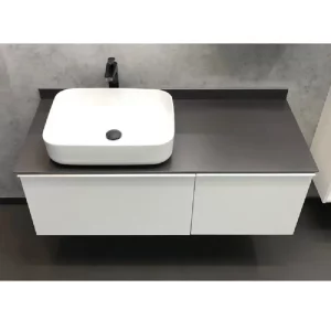 Тумба подвесная Comforty Милан 120 + раковина + серая New столешница Белый глянцевый 00-00011765